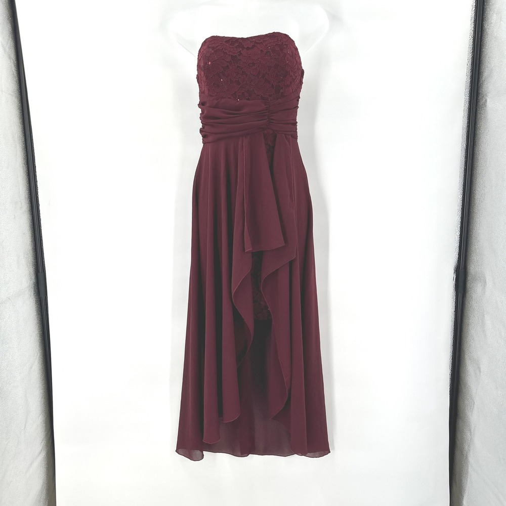 La Scala Burgundy Dress Small Strapless Lace Sequin Chiffon High Low Gown Formal